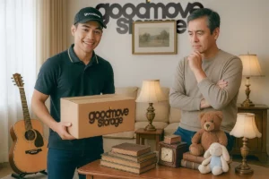 รถเข็นบรรทุกกล่องกระดาษหลายใบอยู่ในทางเดินของพื้นที่เช่าห้องเก็บของ